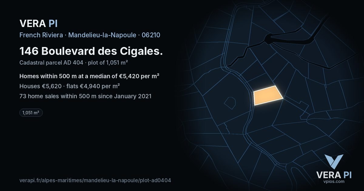 146 Boulevard des Cigales, Mandelieu-la-Napoule at night – the plot lit, the parcels around coloured by the prices near them