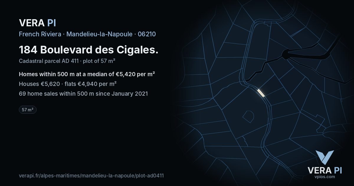 184 Boulevard des Cigales, Mandelieu-la-Napoule at night – the plot lit, the parcels around coloured by the prices near them