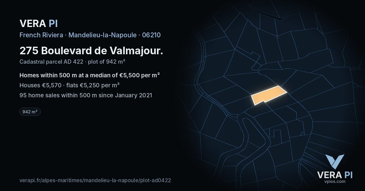 275 Boulevard de Valmajour, Mandelieu-la-Napoule at night – the plot lit, the parcels around coloured by the prices near them