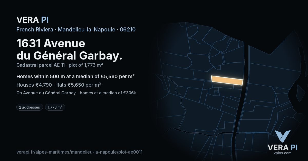 1631 Avenue du Général Garbay, Mandelieu-la-Napoule at night – the plot lit, the parcels around coloured by the prices near them