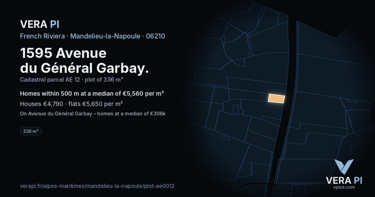 1595 Avenue du Général Garbay, Mandelieu-la-Napoule at night – the plot lit, the parcels around coloured by the prices near them