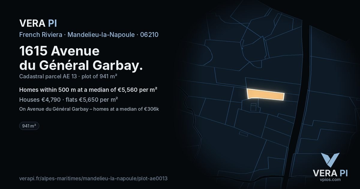 1615 Avenue du Général Garbay, Mandelieu-la-Napoule at night – the plot lit, the parcels around coloured by the prices near them