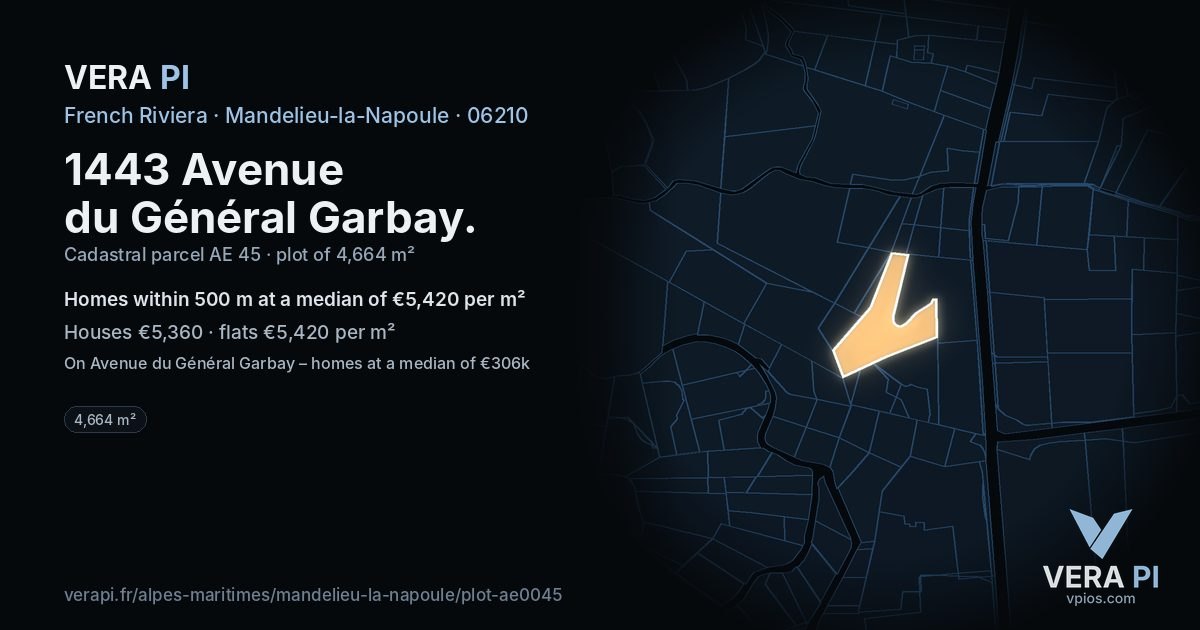 1443 Avenue du Général Garbay, Mandelieu-la-Napoule at night – the plot lit, the parcels around coloured by the prices near them
