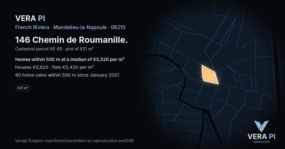 146 Chemin de Roumanille, Mandelieu-la-Napoule at night – the plot lit, the parcels around coloured by the prices near them