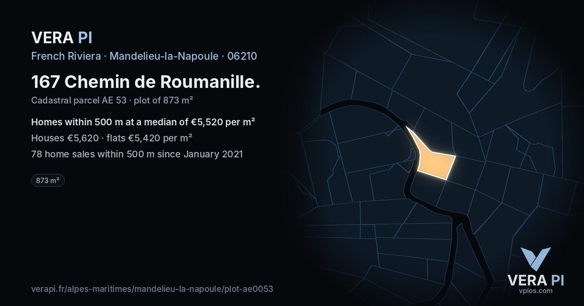 167 Chemin de Roumanille, Mandelieu-la-Napoule at night – the plot lit, the parcels around coloured by the prices near them