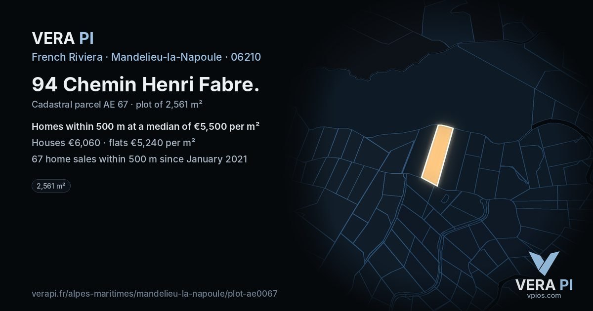 94 Chemin Henri Fabre, Mandelieu-la-Napoule at night – the plot lit, the parcels around coloured by the prices near them