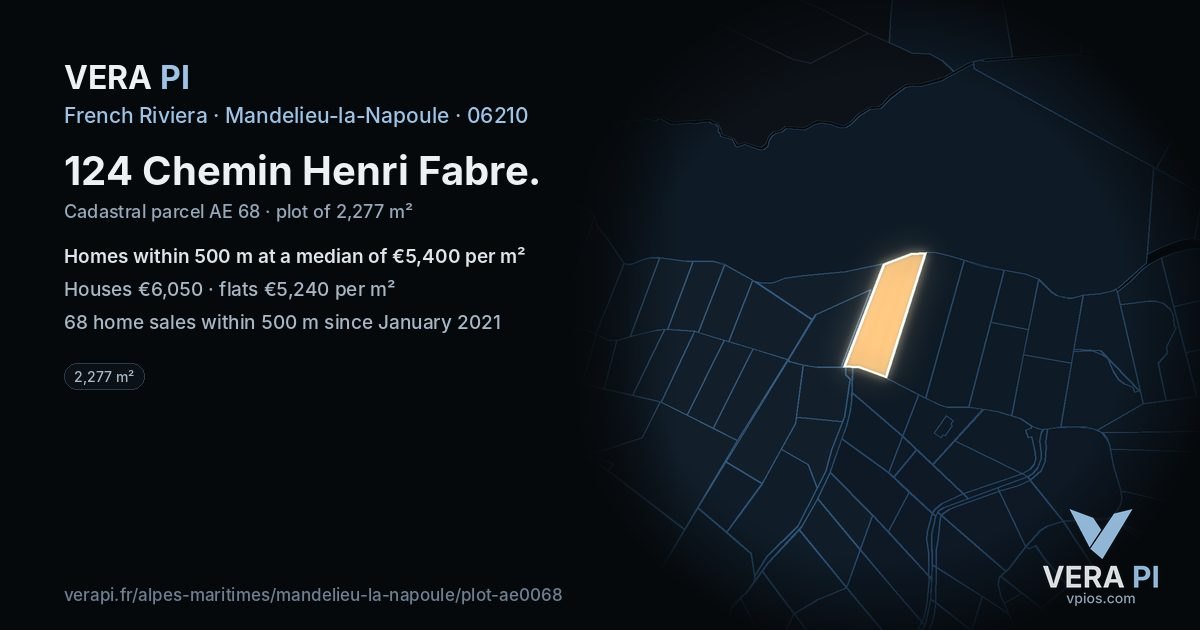 124 Chemin Henri Fabre, Mandelieu-la-Napoule at night – the plot lit, the parcels around coloured by the prices near them