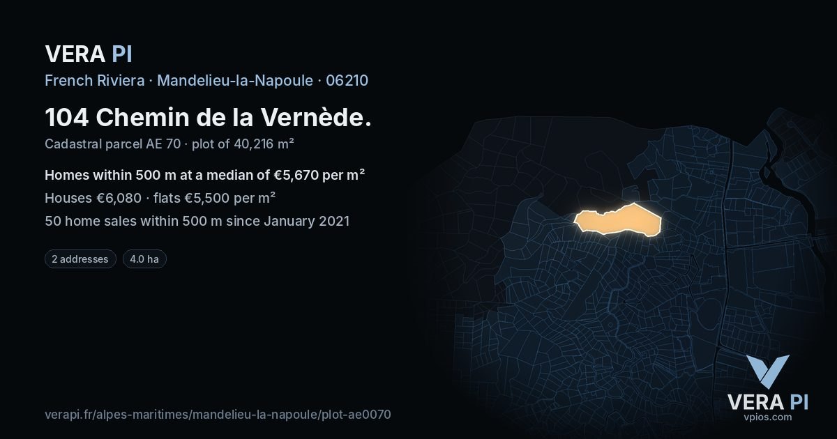 104 Chemin de la Vernède, Mandelieu-la-Napoule at night – the plot lit, the parcels around coloured by the prices near them