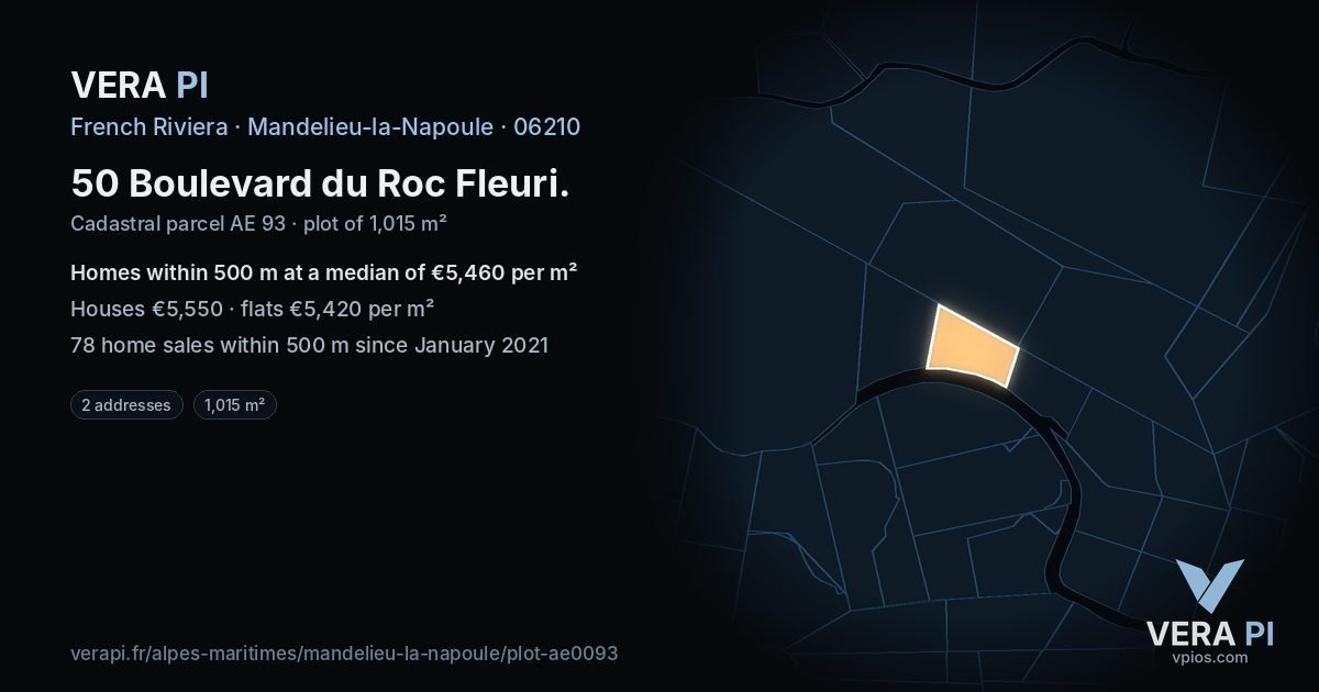 50 Boulevard du Roc Fleuri, Mandelieu-la-Napoule at night – the plot lit, the parcels around coloured by the prices near them