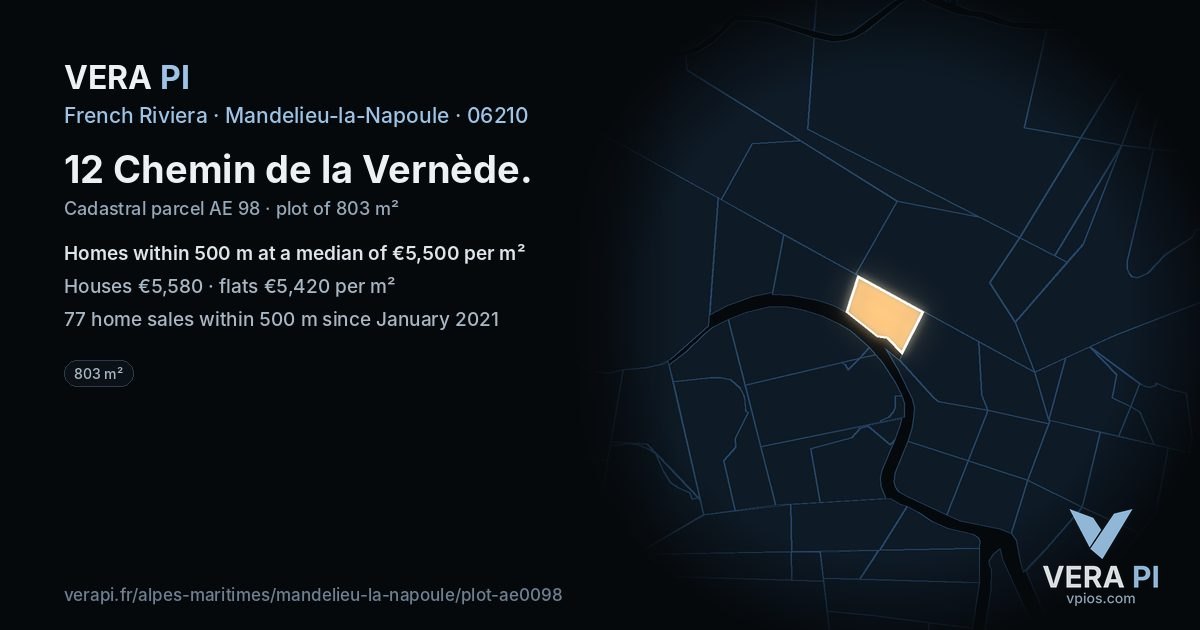 12 Chemin de la Vernède, Mandelieu-la-Napoule at night – the plot lit, the parcels around coloured by the prices near them