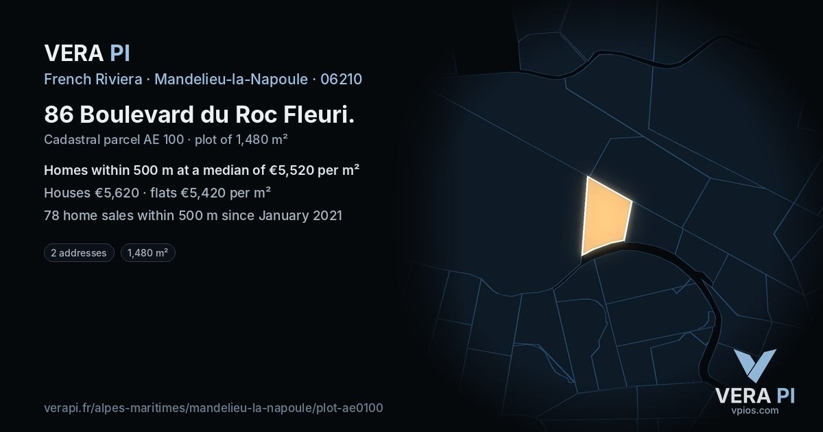 86 Boulevard du Roc Fleuri, Mandelieu-la-Napoule at night – the plot lit, the parcels around coloured by the prices near them