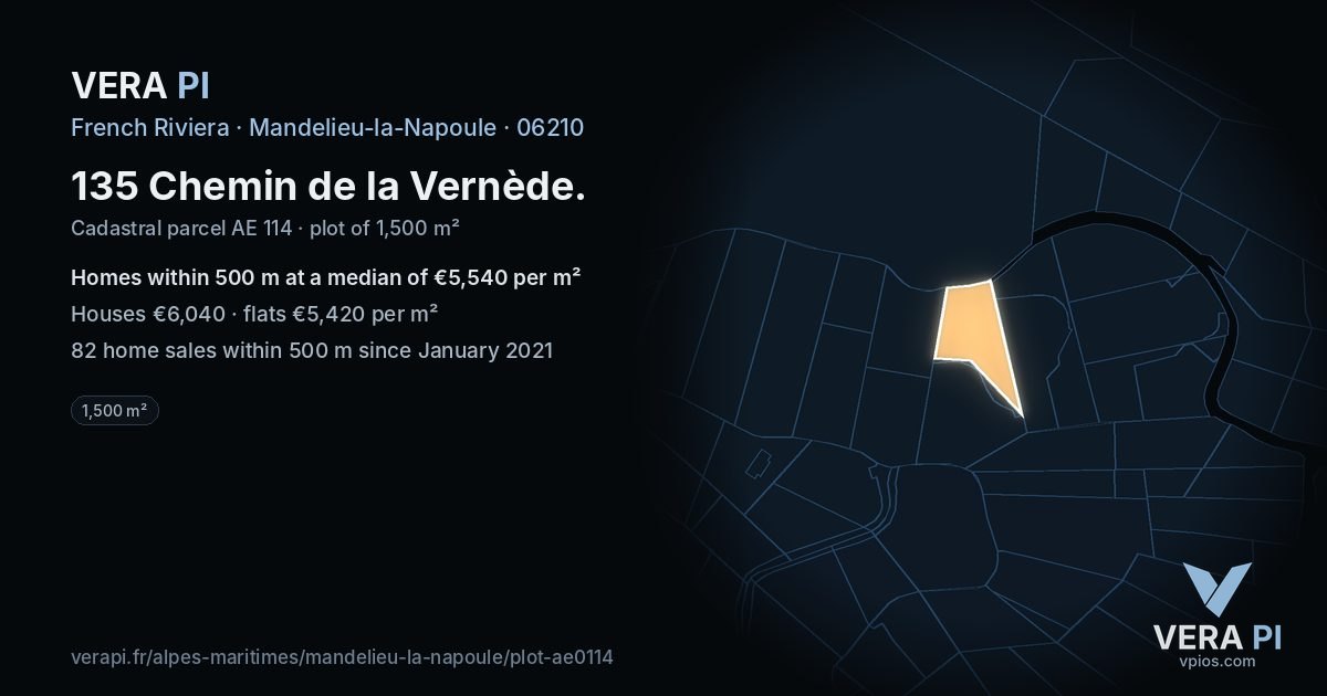 135 Chemin de la Vernède, Mandelieu-la-Napoule at night – the plot lit, the parcels around coloured by the prices near them