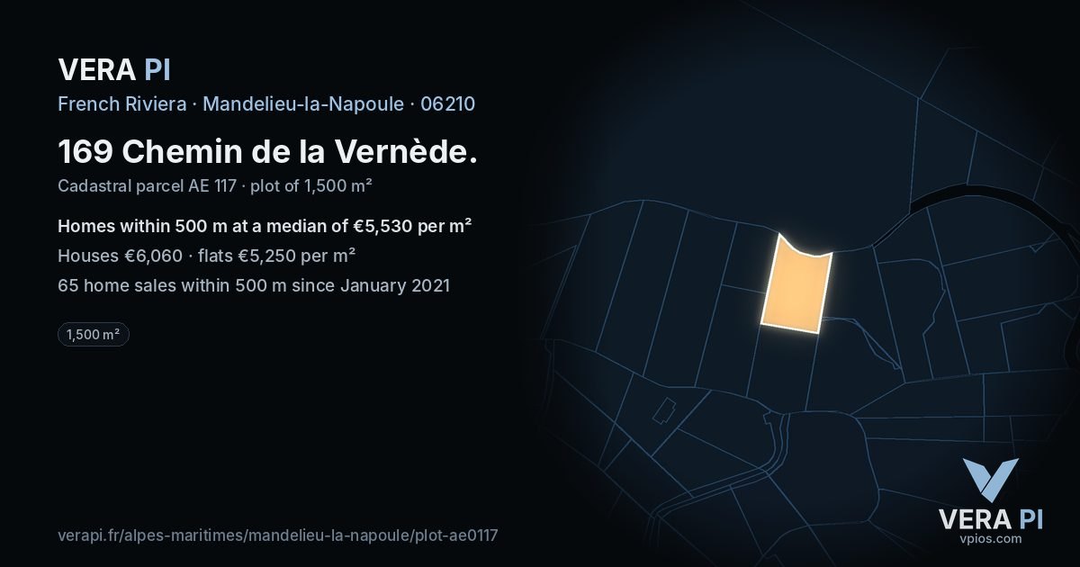 169 Chemin de la Vernède, Mandelieu-la-Napoule at night – the plot lit, the parcels around coloured by the prices near them