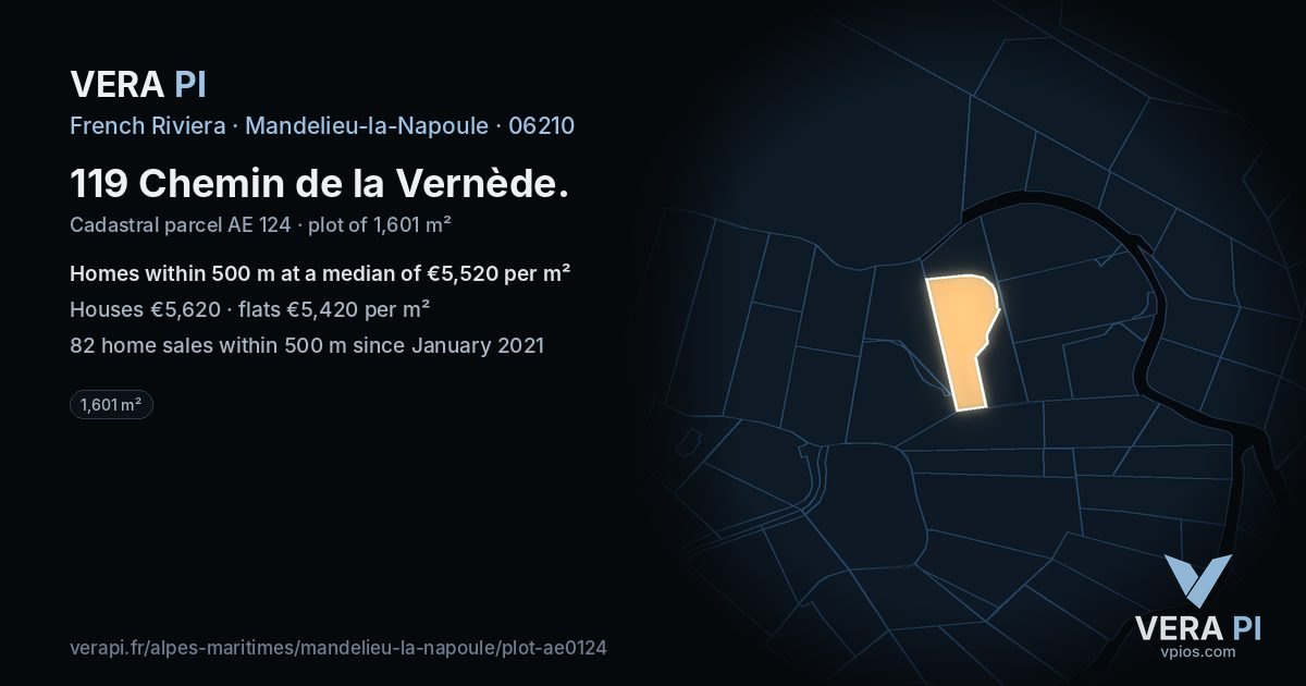 119 Chemin de la Vernède, Mandelieu-la-Napoule at night – the plot lit, the parcels around coloured by the prices near them