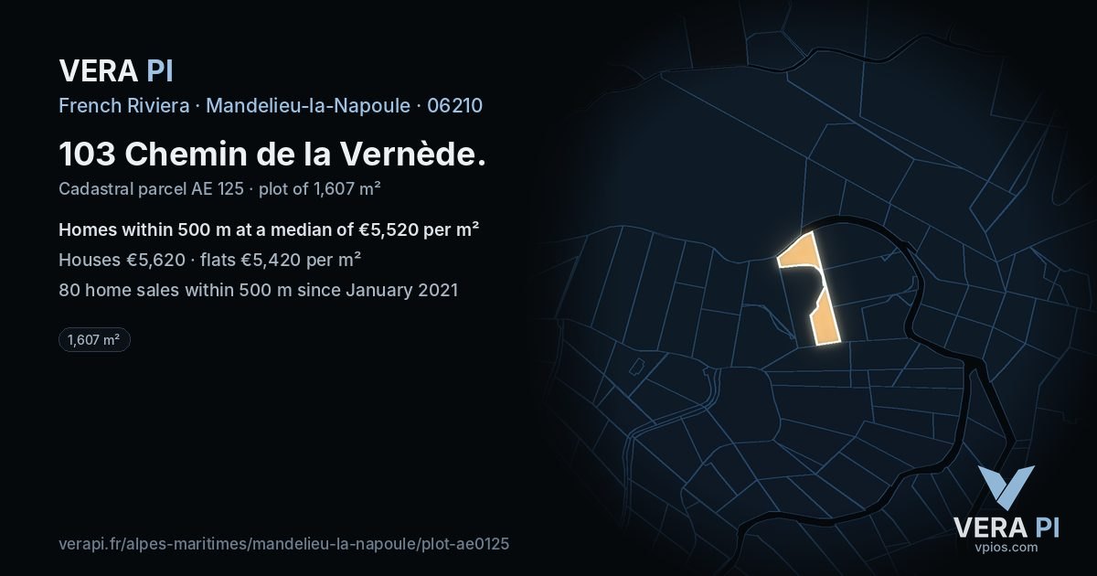 103 Chemin de la Vernède, Mandelieu-la-Napoule at night – the plot lit, the parcels around coloured by the prices near them