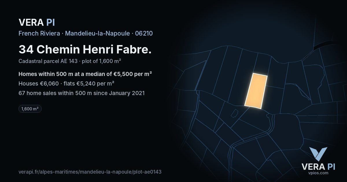 34 Chemin Henri Fabre, Mandelieu-la-Napoule at night – the plot lit, the parcels around coloured by the prices near them