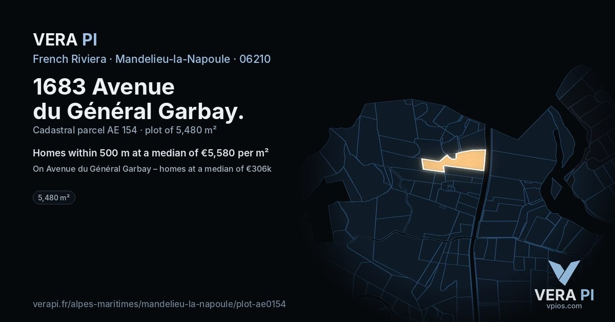 1683 Avenue du Général Garbay, Mandelieu-la-Napoule at night – the plot lit, the parcels around coloured by the prices near them