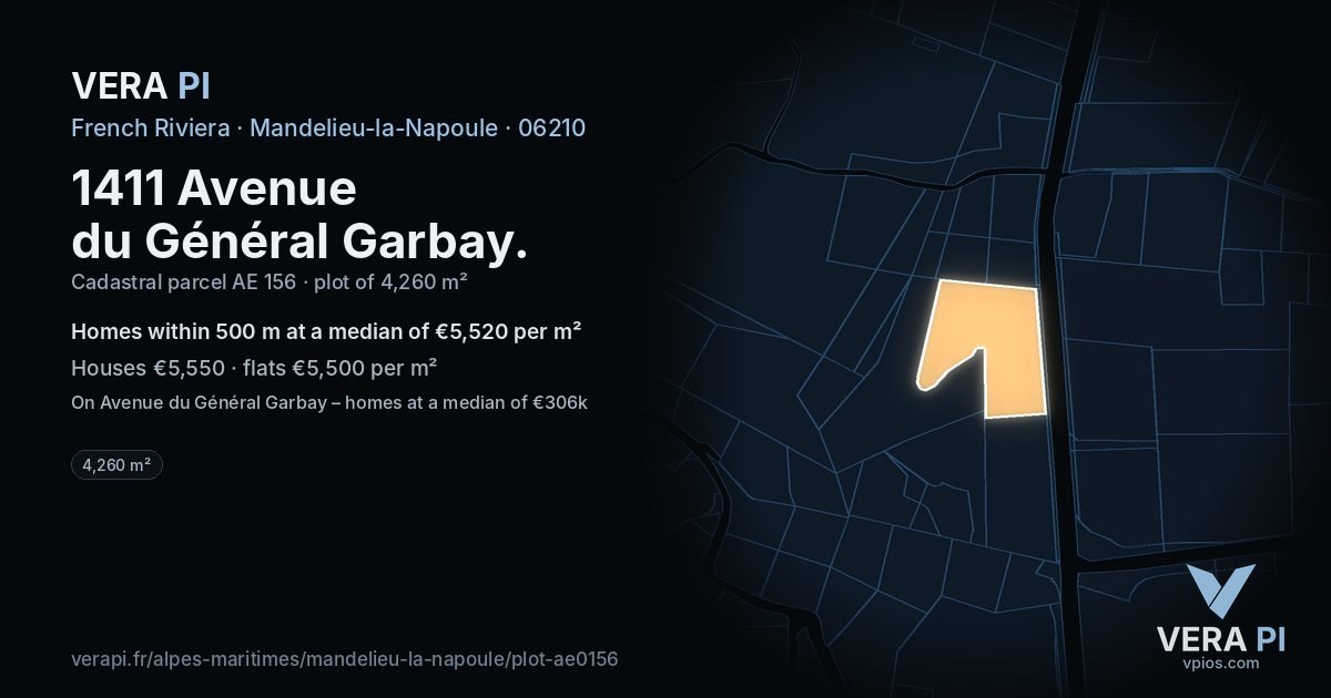 1411 Avenue du Général Garbay, Mandelieu-la-Napoule at night – the plot lit, the parcels around coloured by the prices near them