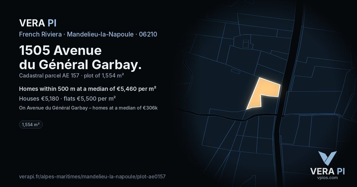 1505 Avenue du Général Garbay, Mandelieu-la-Napoule at night – the plot lit, the parcels around coloured by the prices near them