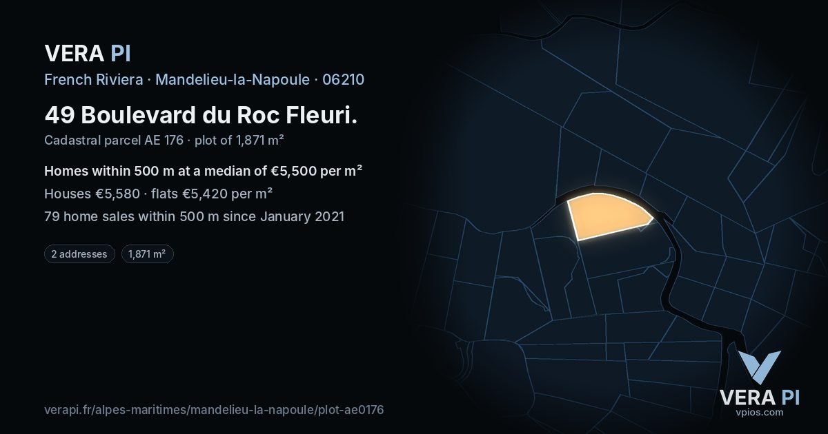 49 Boulevard du Roc Fleuri, Mandelieu-la-Napoule at night – the plot lit, the parcels around coloured by the prices near them