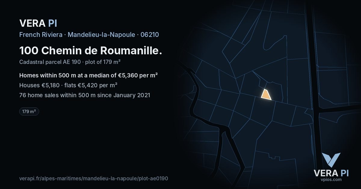 100 Chemin de Roumanille, Mandelieu-la-Napoule at night – the plot lit, the parcels around coloured by the prices near them