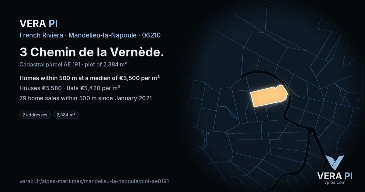 3 Chemin de la Vernède, Mandelieu-la-Napoule at night – the plot lit, the parcels around coloured by the prices near them