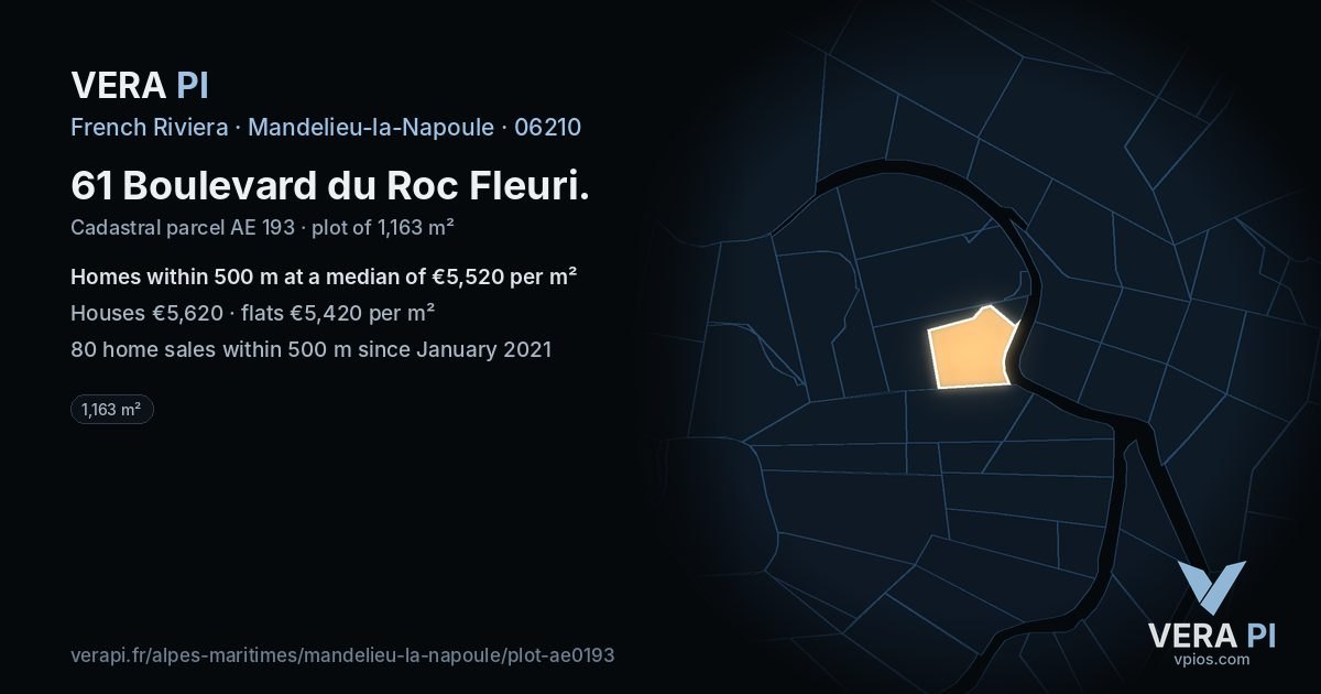 61 Boulevard du Roc Fleuri, Mandelieu-la-Napoule at night – the plot lit, the parcels around coloured by the prices near them