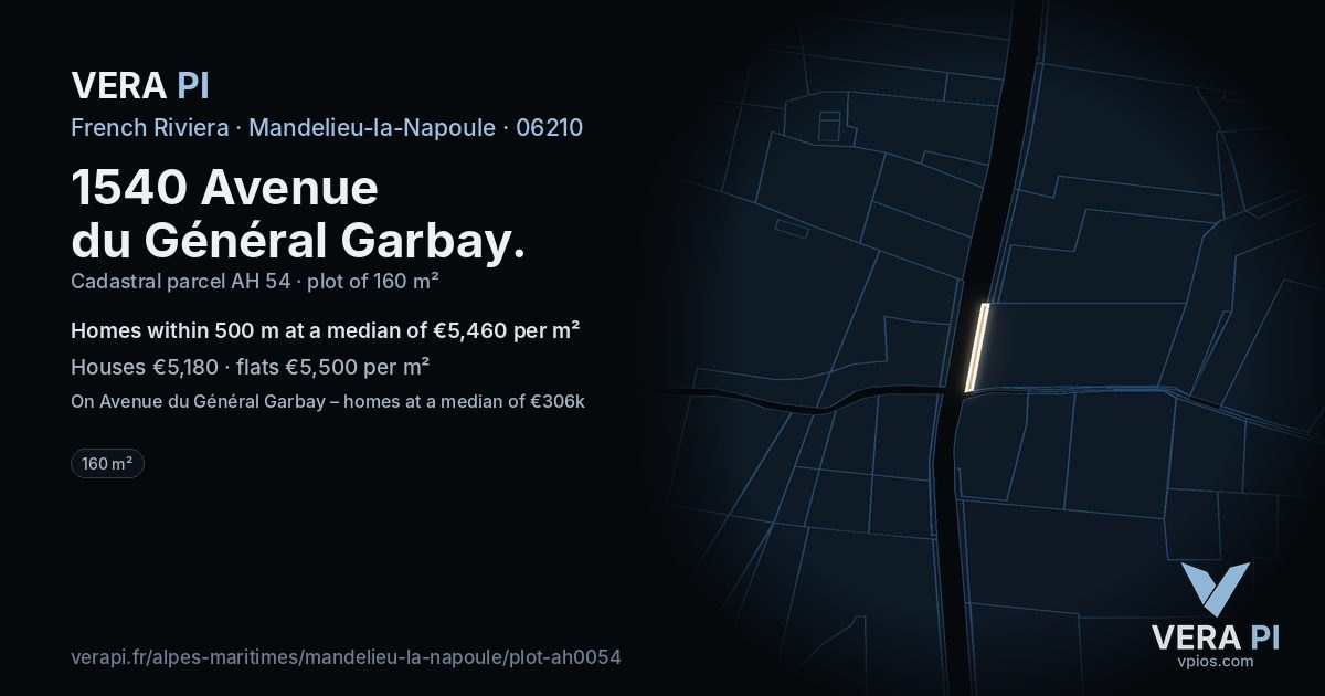 1540 Avenue du Général Garbay, Mandelieu-la-Napoule at night – the plot lit, the parcels around coloured by the prices near them