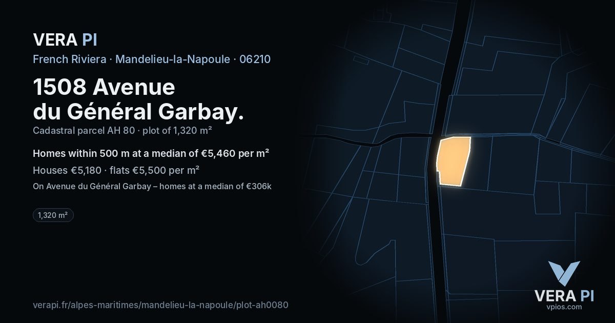 1508 Avenue du Général Garbay, Mandelieu-la-Napoule at night – the plot lit, the parcels around coloured by the prices near them