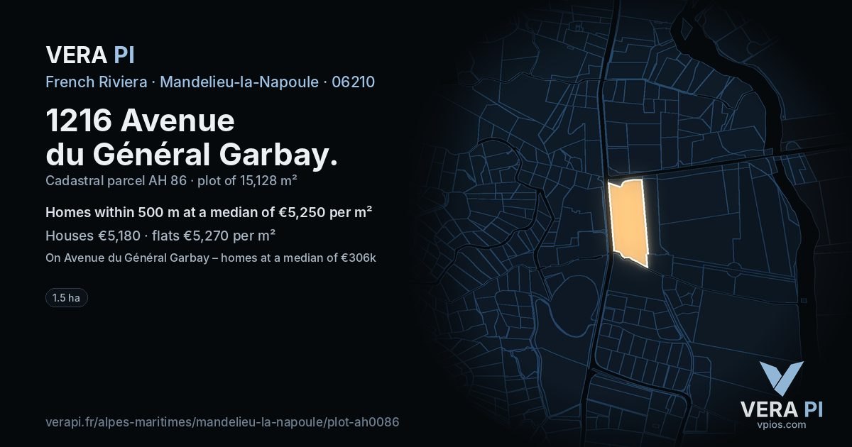 1216 Avenue du Général Garbay, Mandelieu-la-Napoule at night – the plot lit, the parcels around coloured by the prices near them