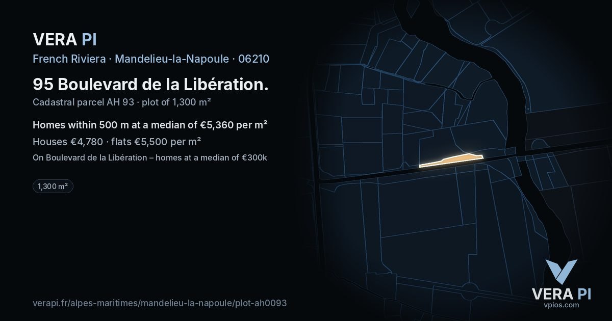 95 Boulevard de la Libération, Mandelieu-la-Napoule at night – the plot lit, the parcels around coloured by the prices near them