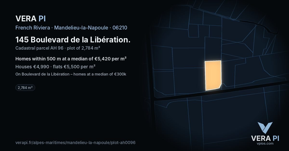 145 Boulevard de la Libération, Mandelieu-la-Napoule at night – the plot lit, the parcels around coloured by the prices near them