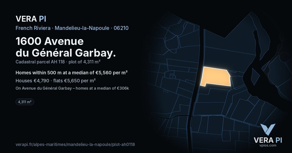 1600 Avenue du Général Garbay, Mandelieu-la-Napoule at night – the plot lit, the parcels around coloured by the prices near them