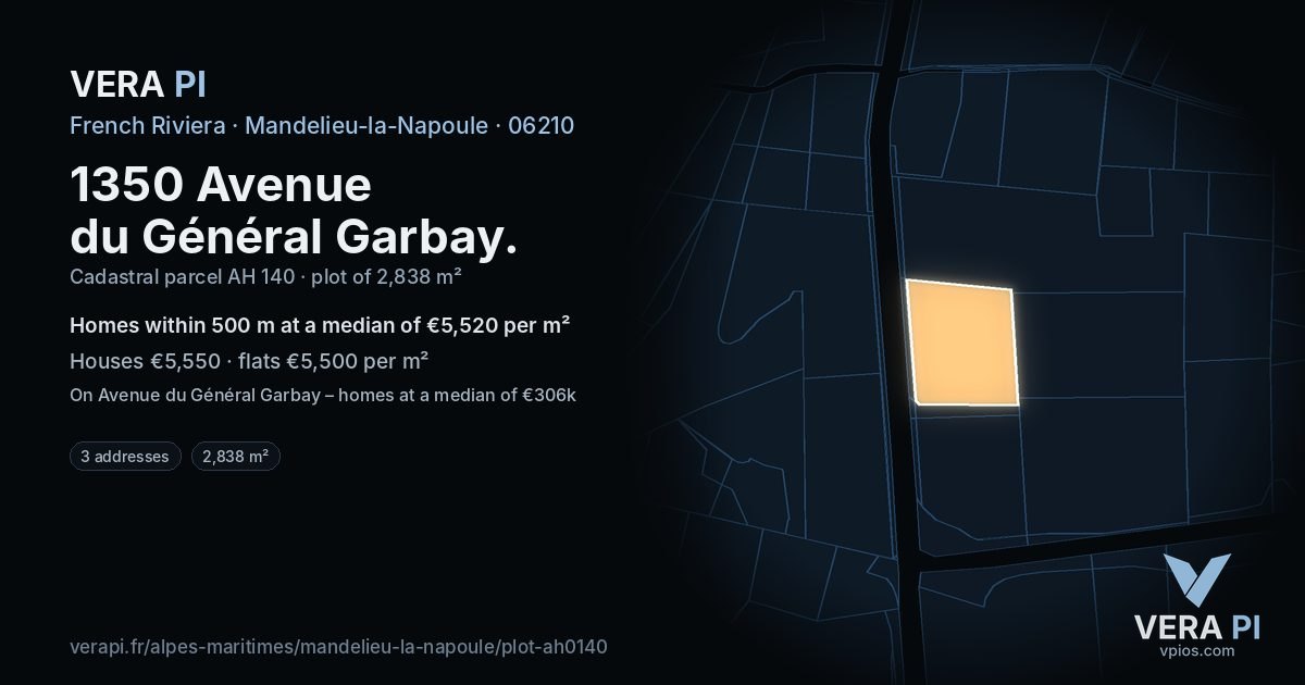 1350 Avenue du Général Garbay, Mandelieu-la-Napoule at night – the plot lit, the parcels around coloured by the prices near them