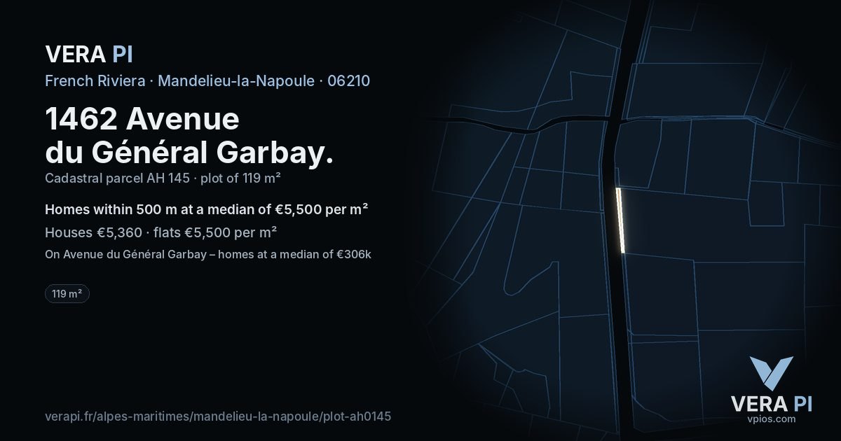 1462 Avenue du Général Garbay, Mandelieu-la-Napoule at night – the plot lit, the parcels around coloured by the prices near them
