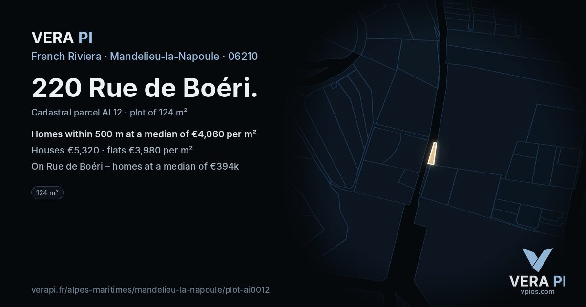 220 Rue de Boéri, Mandelieu-la-Napoule at night – the plot lit, the parcels around coloured by the prices near them