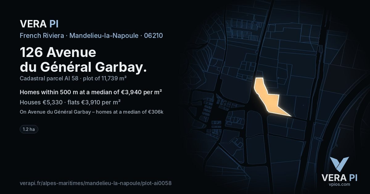 126 Avenue du Général Garbay, Mandelieu-la-Napoule at night – the plot lit, the parcels around coloured by the prices near them