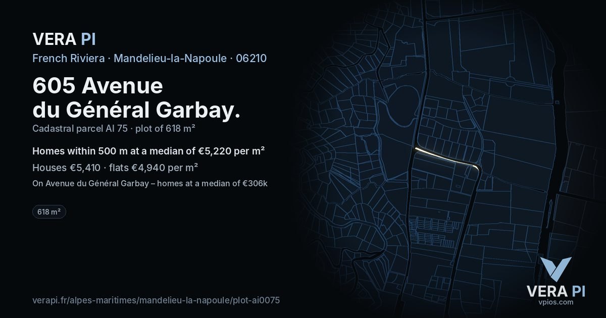 605 Avenue du Général Garbay, Mandelieu-la-Napoule at night – the plot lit, the parcels around coloured by the prices near them