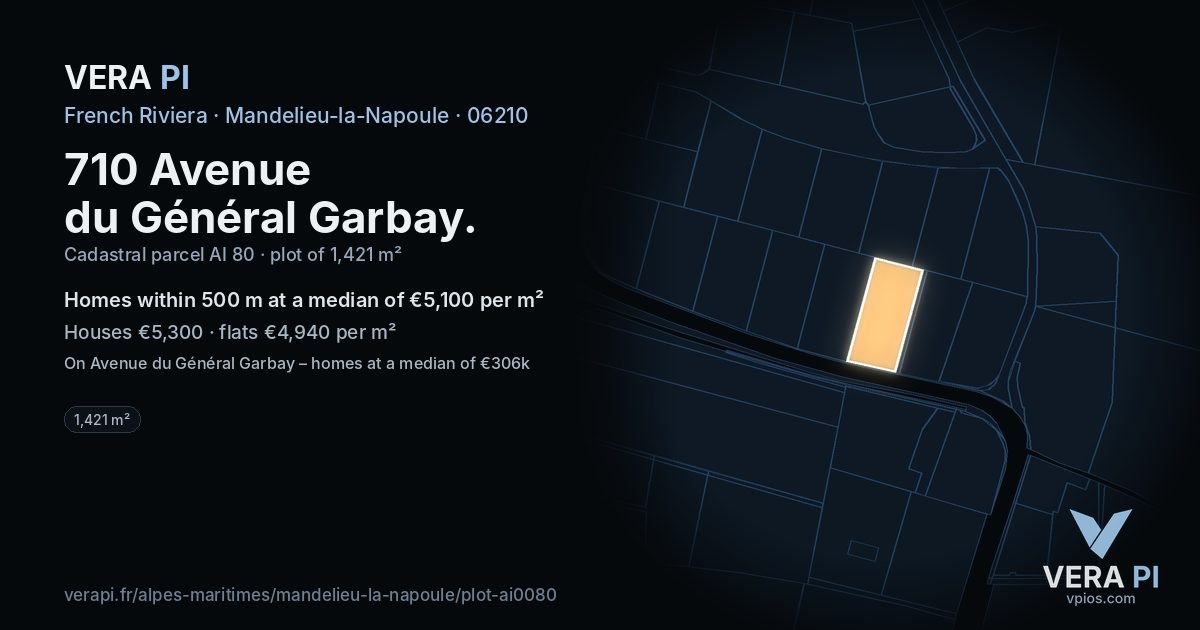 710 Avenue du Général Garbay, Mandelieu-la-Napoule at night – the plot lit, the parcels around coloured by the prices near them
