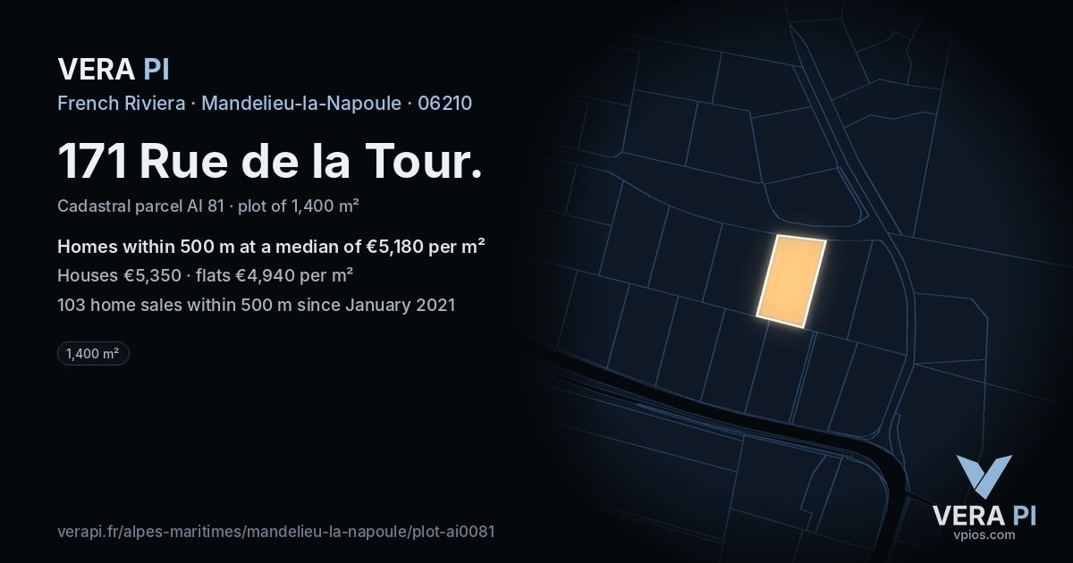 171 Rue de la Tour, Mandelieu-la-Napoule at night – the plot lit, the parcels around coloured by the prices near them