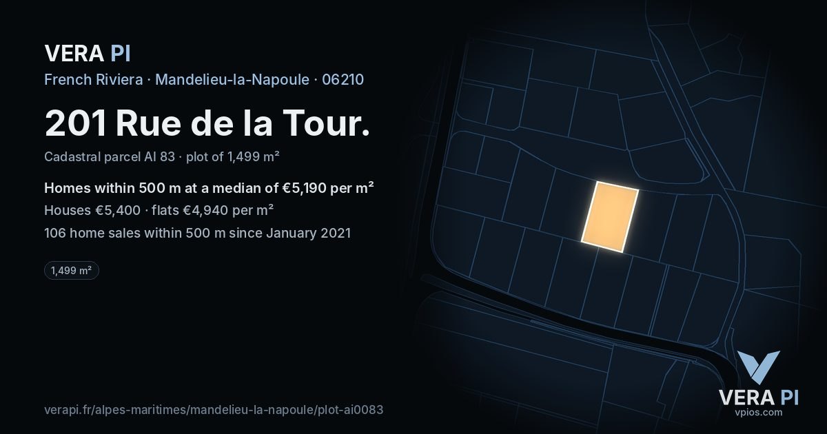 201 Rue de la Tour, Mandelieu-la-Napoule at night – the plot lit, the parcels around coloured by the prices near them