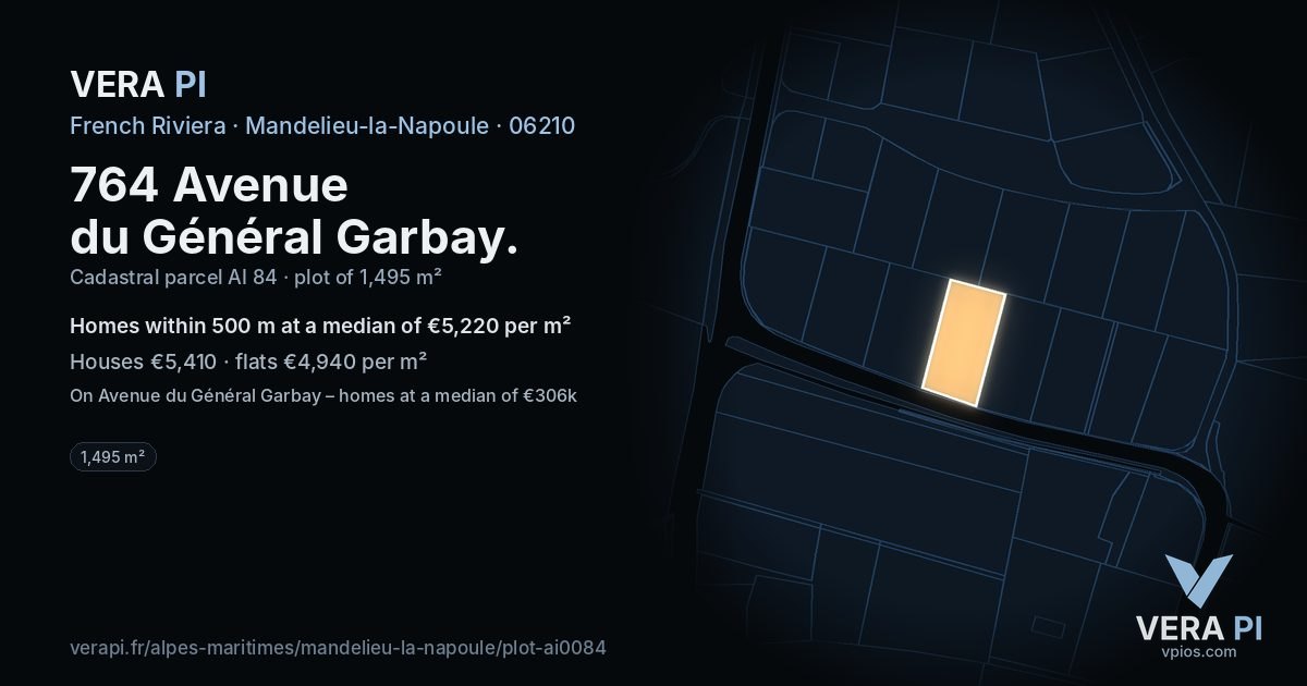 764 Avenue du Général Garbay, Mandelieu-la-Napoule at night – the plot lit, the parcels around coloured by the prices near them