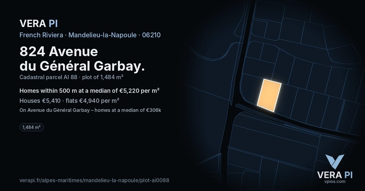 824 Avenue du Général Garbay, Mandelieu-la-Napoule at night – the plot lit, the parcels around coloured by the prices near them