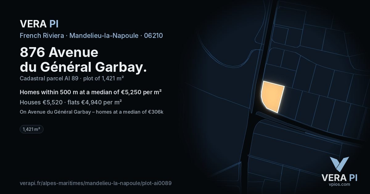 876 Avenue du Général Garbay, Mandelieu-la-Napoule at night – the plot lit, the parcels around coloured by the prices near them