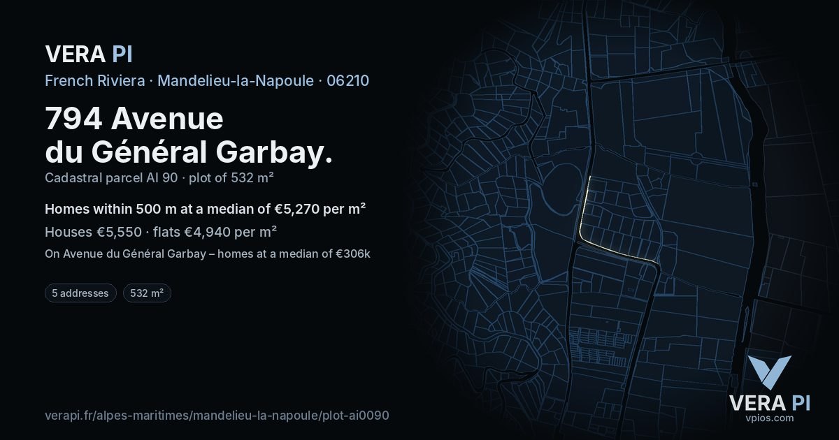 794 Avenue du Général Garbay, Mandelieu-la-Napoule at night – the plot lit, the parcels around coloured by the prices near them
