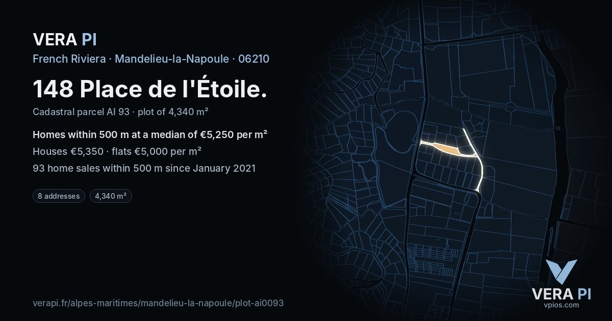 148 Place de l'Étoile, Mandelieu-la-Napoule at night – the plot lit, the parcels around coloured by the prices near them