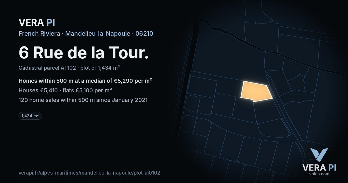 6 Rue de la Tour, Mandelieu-la-Napoule at night – the plot lit, the parcels around coloured by the prices near them