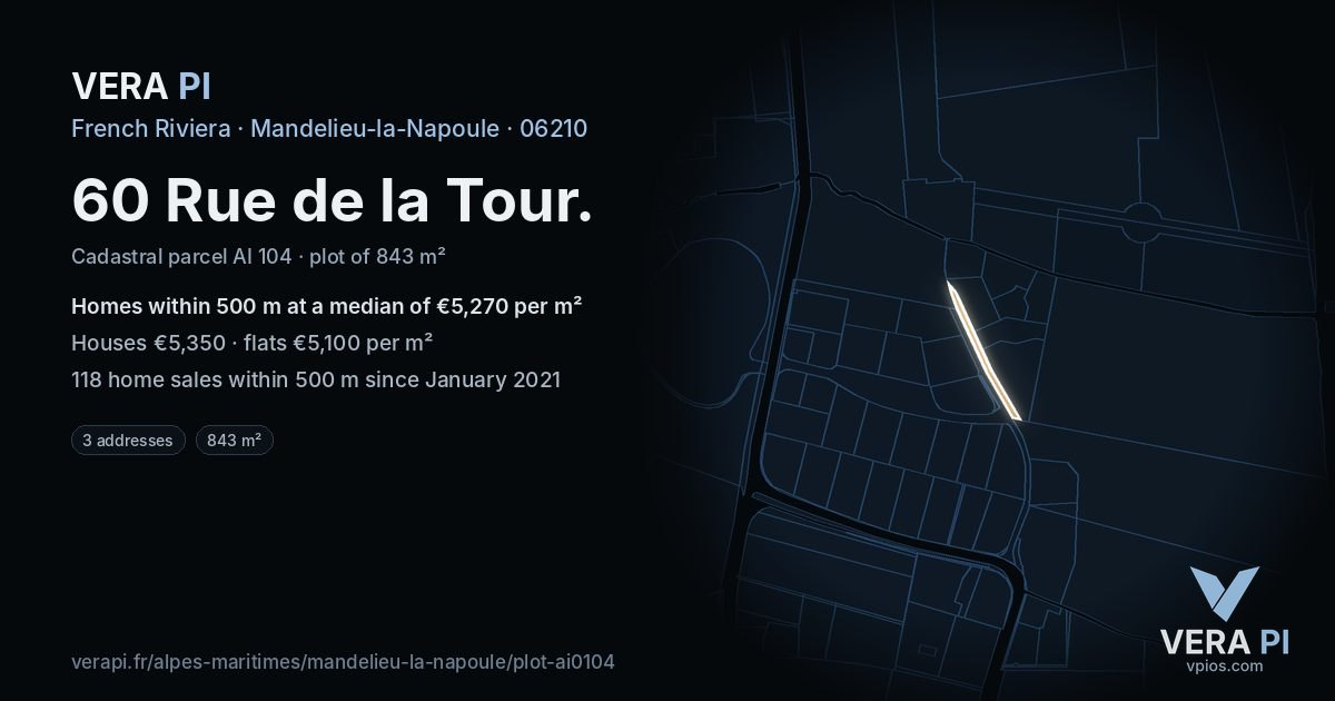60 Rue de la Tour, Mandelieu-la-Napoule at night – the plot lit, the parcels around coloured by the prices near them