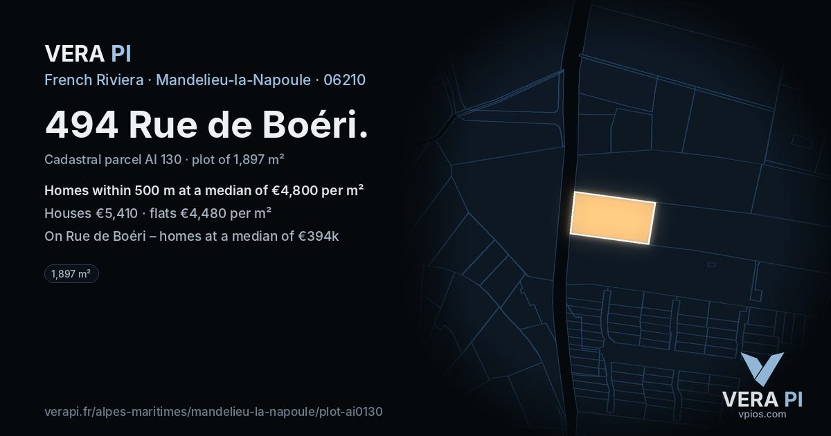 494 Rue de Boéri, Mandelieu-la-Napoule at night – the plot lit, the parcels around coloured by the prices near them