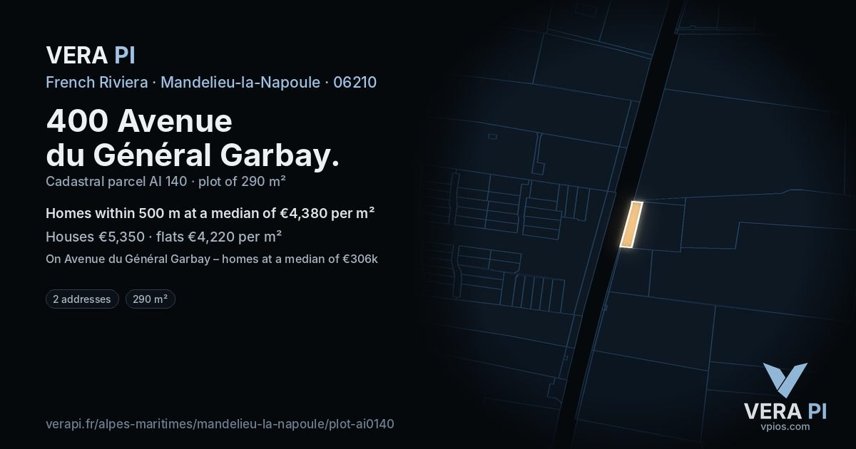 400 Avenue du Général Garbay, Mandelieu-la-Napoule at night – the plot lit, the parcels around coloured by the prices near them
